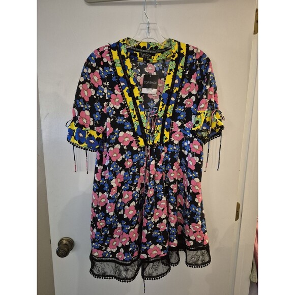 TOPSHOP Floral Babydoll Neon Dress Size 2 NWT - Picture 1 of 9